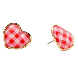 Betsey Johnson Betsey’s Backyard Heart Pink Gingham Earrings New